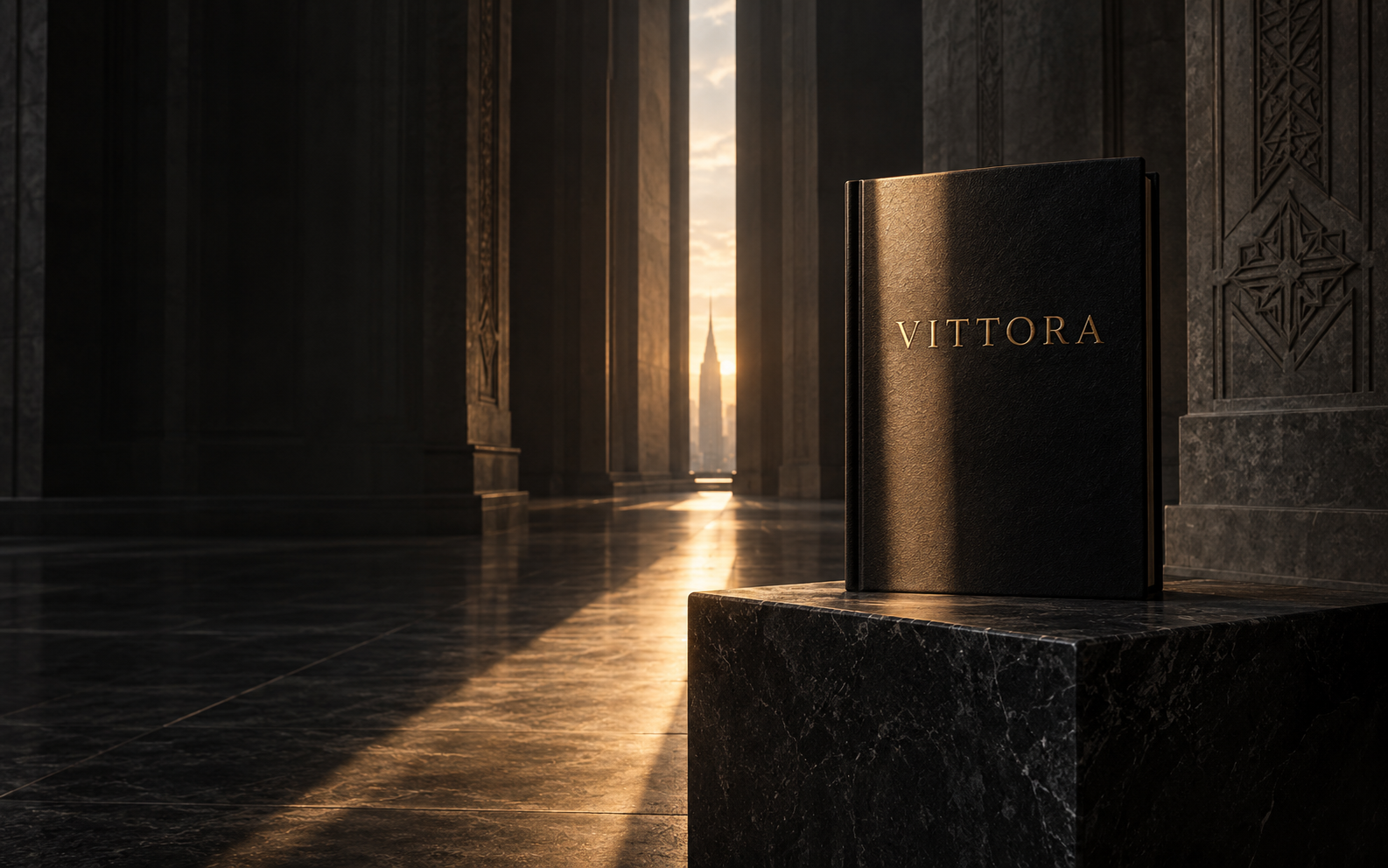 Книга Vittora в луче рассветного света на тёмном камне