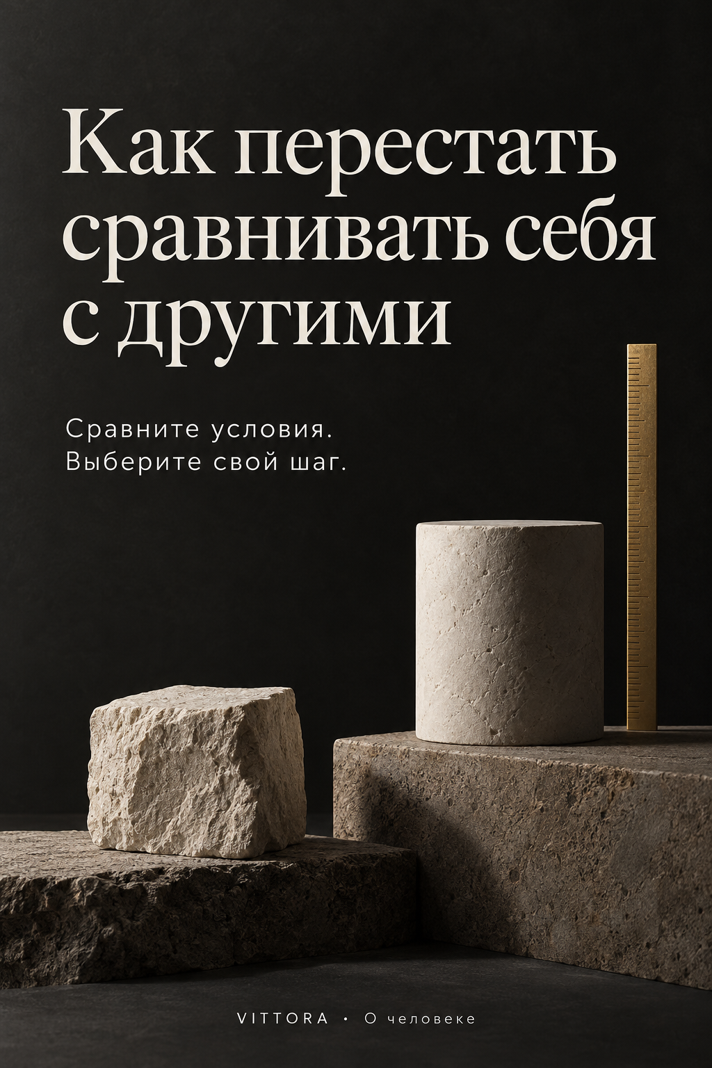 Две светлые каменные формы разной высоты на основаниях разных уровней; рядом латунная шкала. Надписи о сравнении условий и собственном следующем шаге.