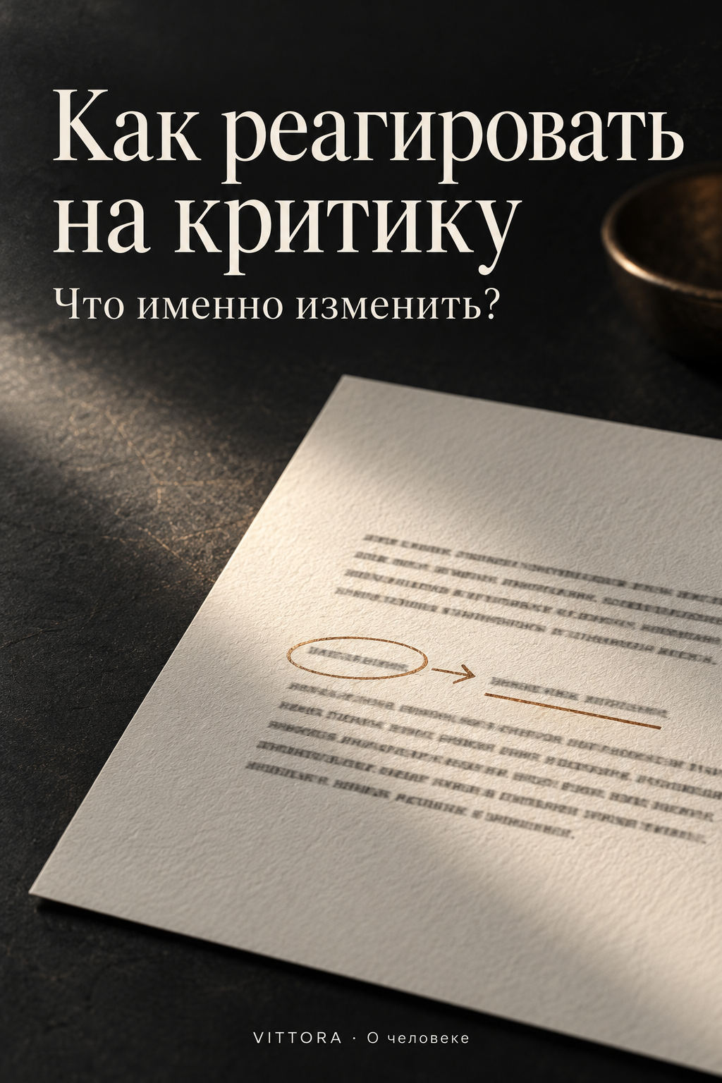 Лист бумаги на графитовом столе с выделенным фрагментом и стрелкой к правке. Надпись «Как реагировать на критику. Что именно изменить?» и подпись VITTORA.